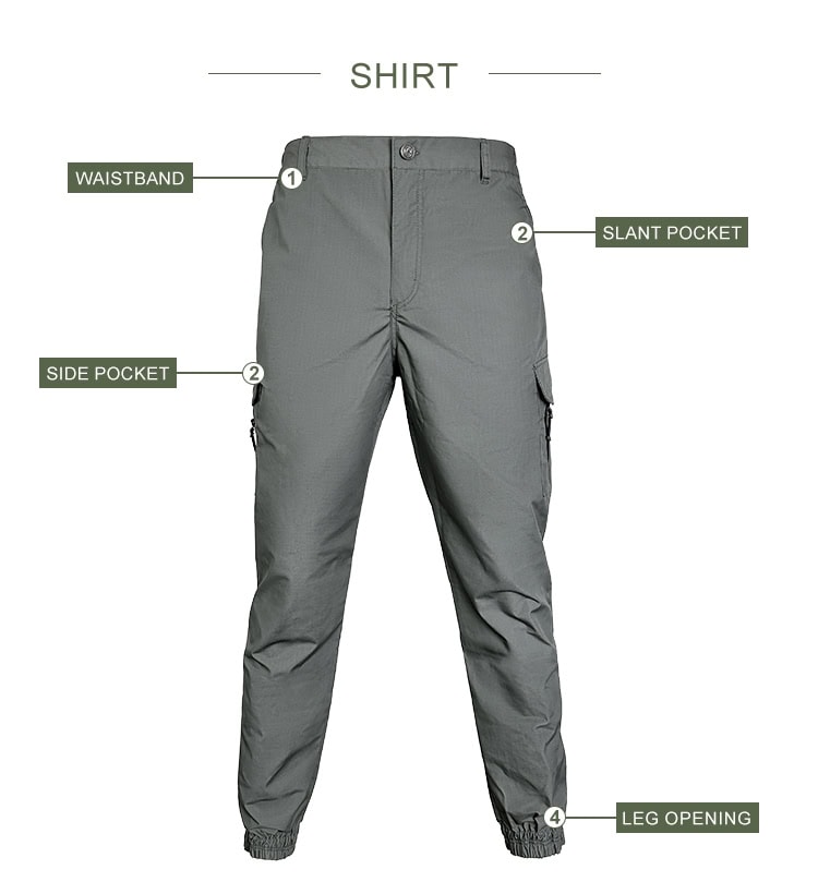 Feature diagram of the Onken Tactical Jogger Pants, highlighting the elastic waistband, side pockets, slant pockets, and tapered leg opening.