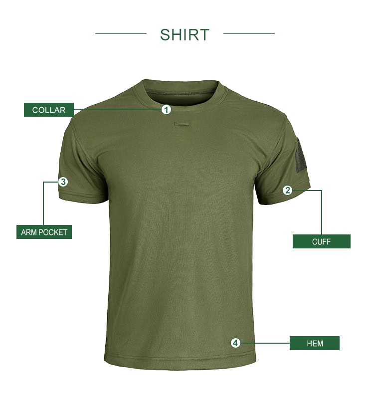 Feature diagram of the Performance Tactical T-Shirt, highlighting the athletic collar, velcro arm pocket, reinforced cuff, and durable hem.