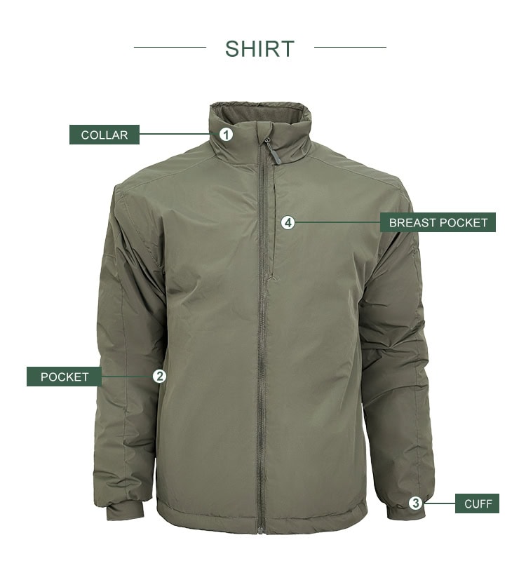 Feature diagram of the Thermal Reflective Tactical Parka, highlighting the protective collar, secure breast pocket, hand-warmer pockets, and adjustable cuffs.