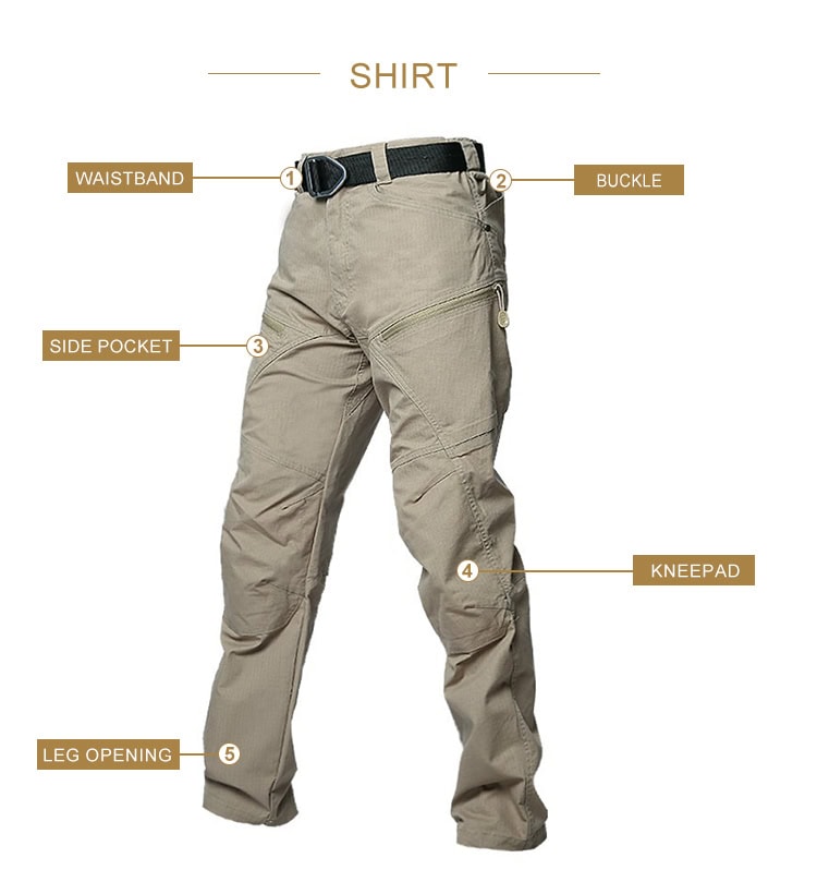 Feature diagram of the Strider Stretch Tactical Pants, highlighting the elastic waistband, side pockets, knee pad inserts, and adjustable leg opening.