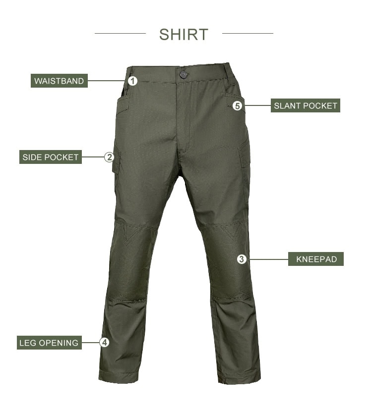 Feature diagram of the G3 Combat Pants, highlighting the elastic waistband, side pockets, knee pad compartment, and adjustable leg opening for a custom fit.