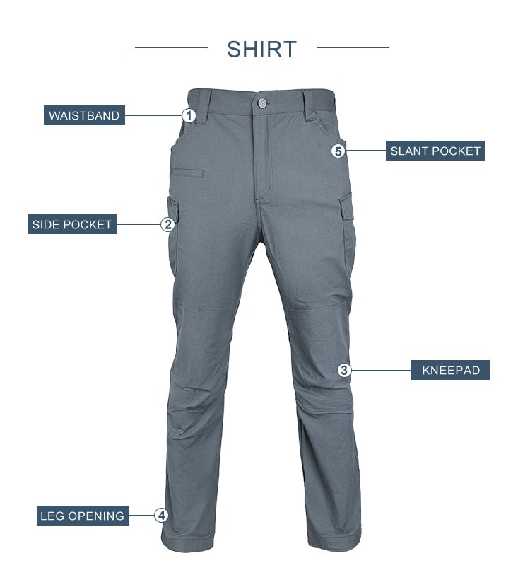Feature diagram of the Thunderbolt Gen 2 Water-Resistant Tactical Pants, highlighting the side pocket, knee pad compartment, and adjustable leg opening.