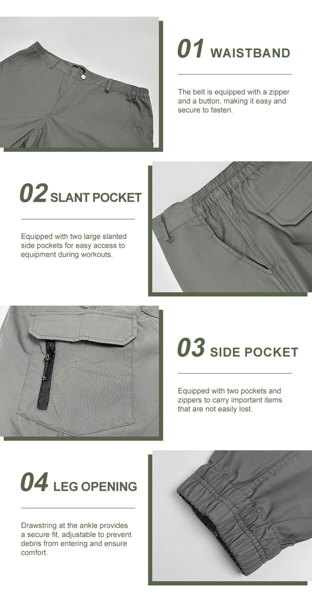 Collage of four key features of the tactical jogger pants: 01 adjustable waistband, 02 slant pocket, 03 zippered side pocket, and 04 elastic leg opening.