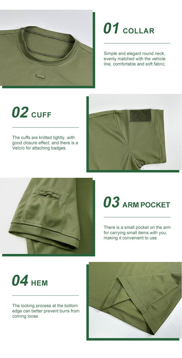 Collage of four key features of the performance tactical t-shirt: 01 shape-retaining collar, 02 reinforced cuff, 03 bicep arm pocket, and 04 double-stitched hem.