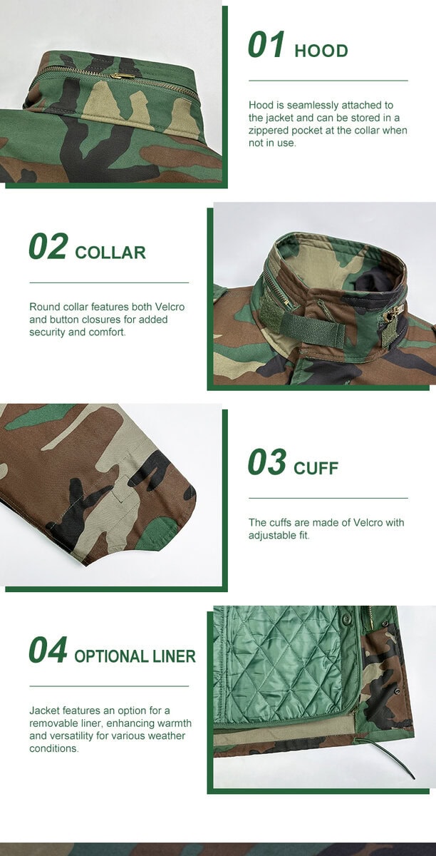 Collage showcasing four key details of the tactical jacket: 01 stow-away hood, 02 reinforced collar, 03 adjustable velcro cuffs, and 04 optional quilted liner for cold weather.