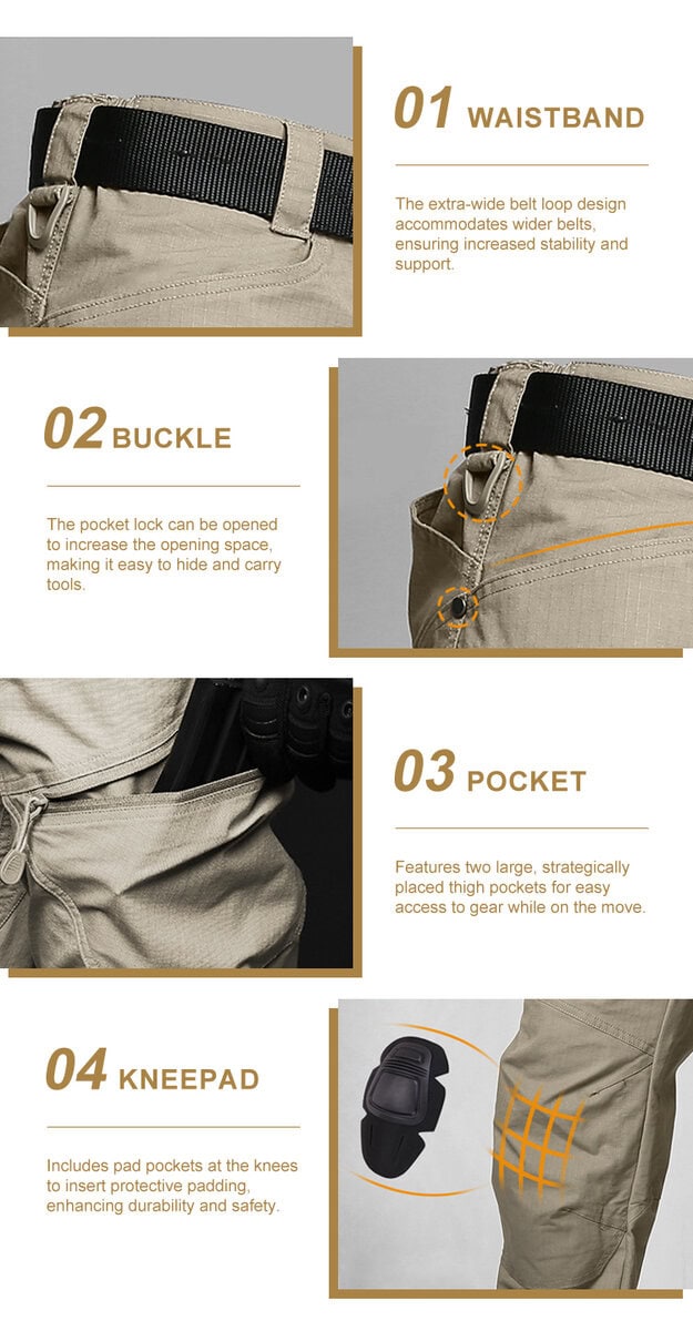 Collage of four key features of the stretch tactical pants: 01 flexible waistband, 02 durable buckle, 03 low-profile cargo pocket, and 04 articulated kneepad section.