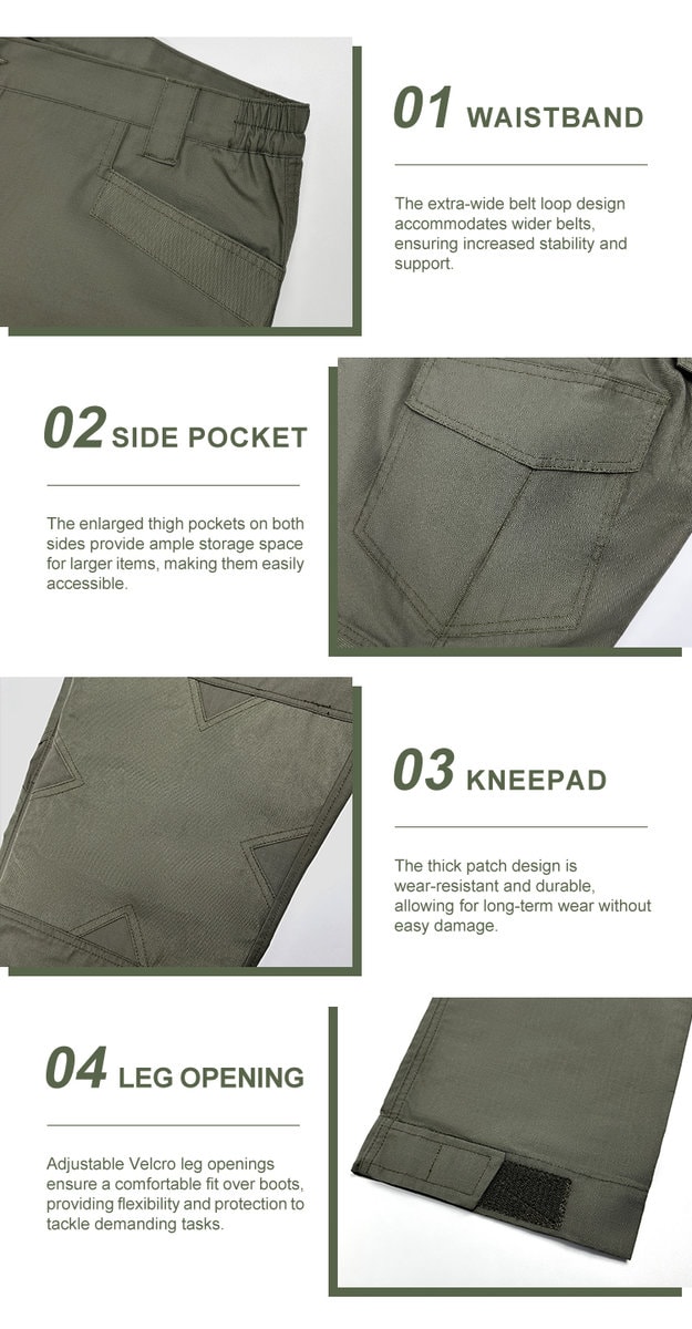 Collage of four key features of the G3 combat pants: 01 adjustable waistband, 02 reinforced side pocket, 03 integrated kneepad, and 04 adjustable leg opening.