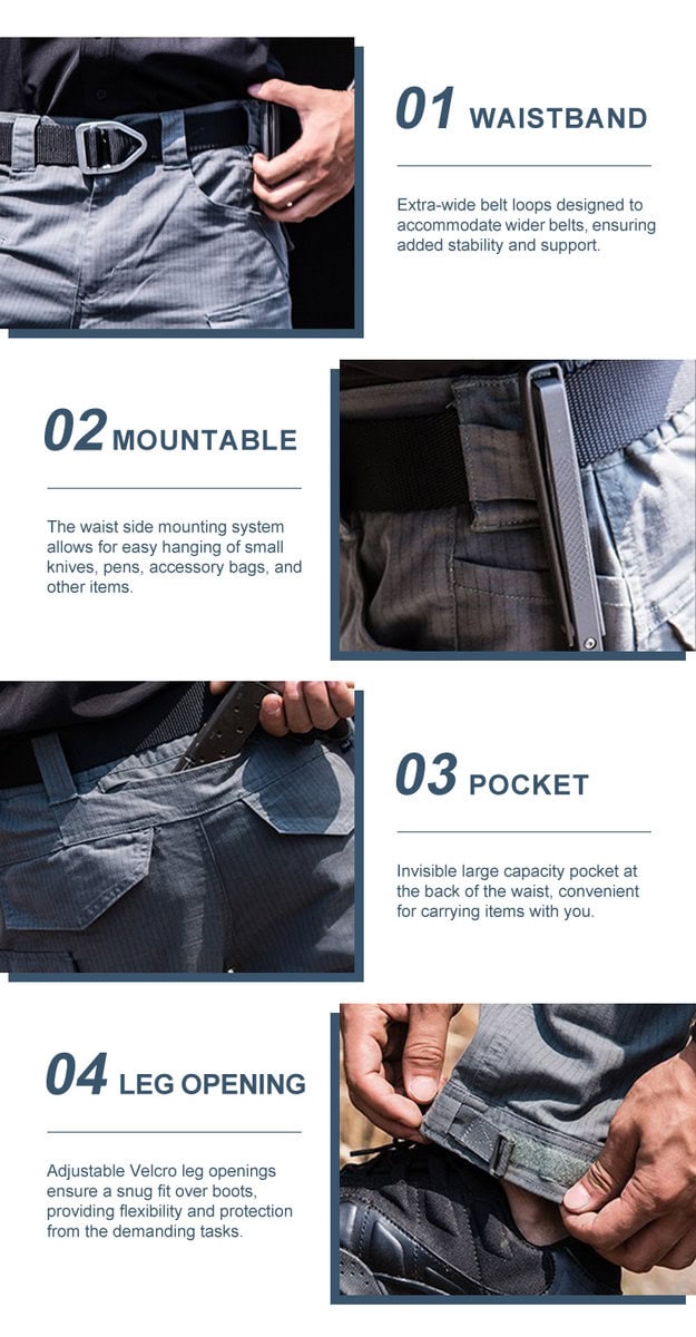 Collage of four key features of the tactical pants: 01 adjustable waistband, 02 reinforced belt loop, 03 zippered cargo pocket, and 04 adjustable leg opening.