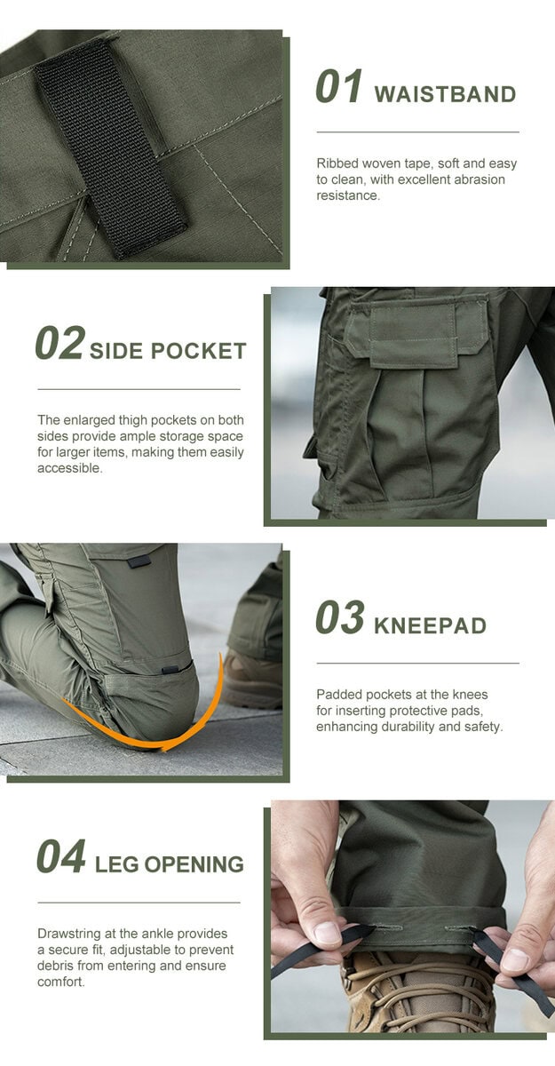 Collage of four key features of the durable tactical pants: 01 reinforced waistband, 02 cargo side pocket, 03 double-layer knee pad section, and 04 adjustable leg opening.
