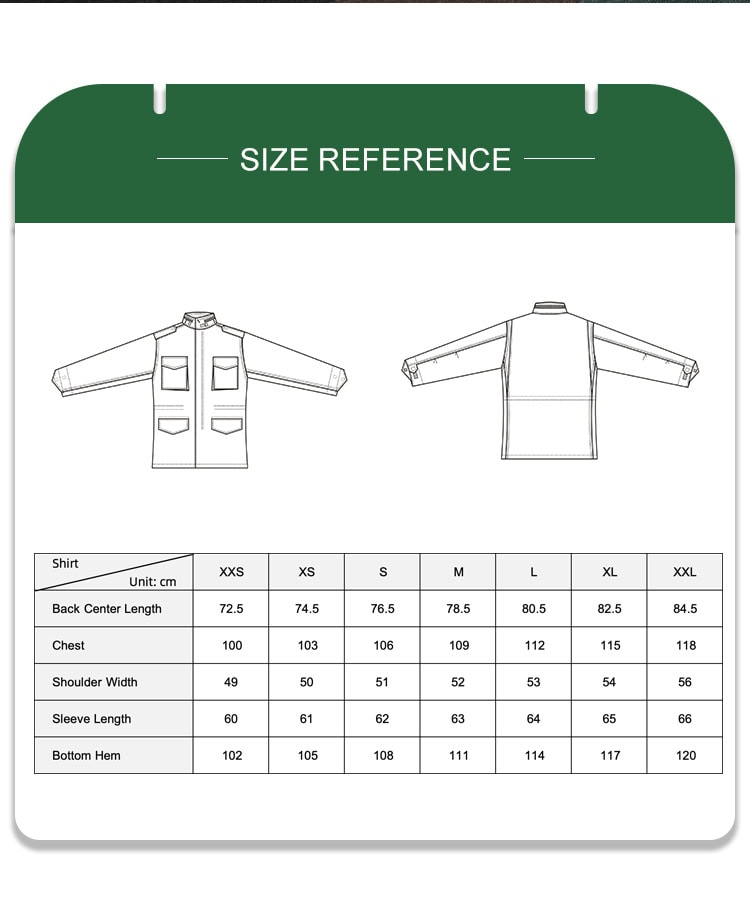 Size reference chart for the Woodland Camo Tactical Jacket, detailing measurements for chest, shoulder width, and sleeve length to ensure proper fit for bulk military and security orders.