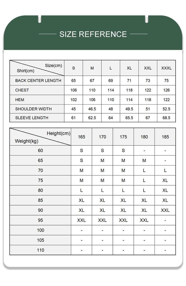 Detailed size reference chart for the Onken Beetle Fleece Lined Tactical Jacket, with measurements for chest, shoulder, and sleeve length for accurate bulk procurement.