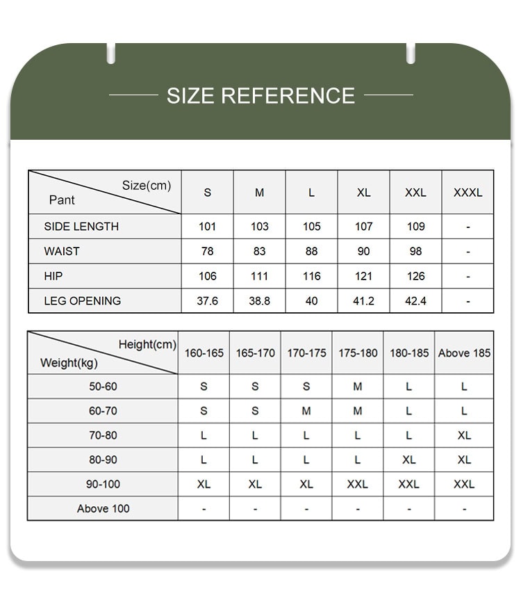 Size reference chart for G3 combat pants, with detailed measurements to assist procurement managers in placing accurate bulk orders for military and police units.