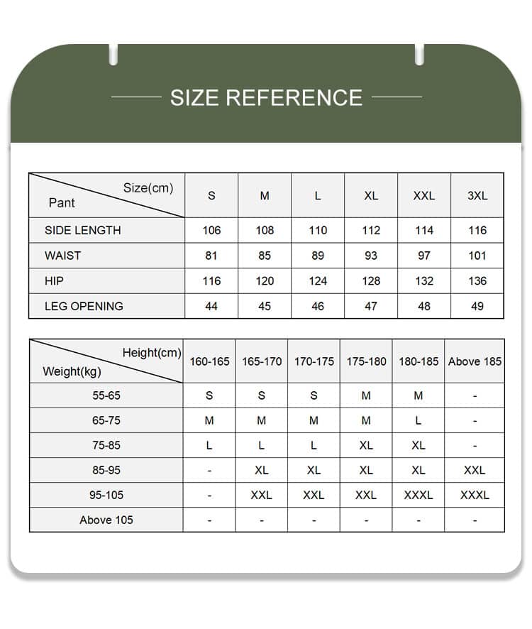 Size reference chart for the Onken Beetle durable tactical pants, with detailed measurements for accurate bulk procurement by security and law enforcement agencies.