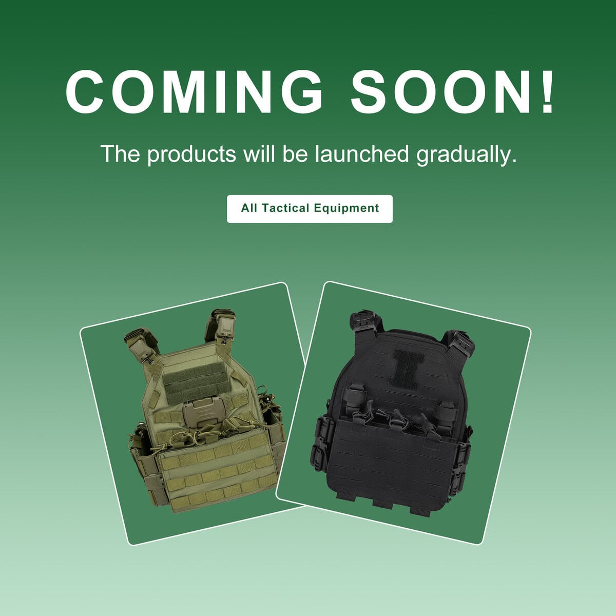"Coming Soon" announcement from WHCSJ for a new line of tactical equipment, featuring illustrations of a khaki and a black plate carrier for military and law enforcement.