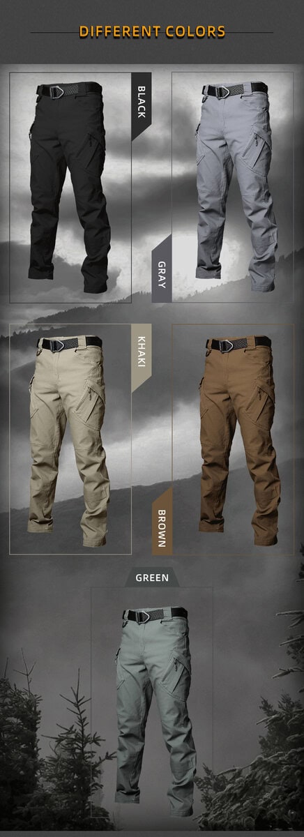 A collage showing the various colors of the Onken IX9 lightweight tactical pants, including black, grey, and khaki, available for B2B wholesale orders.