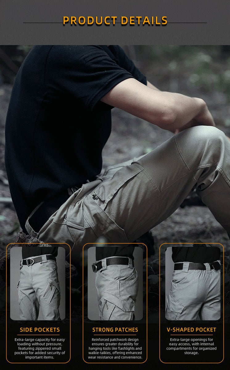 Collage of three key features of the lightweight tactical pants: a reinforced rear pocket, a durable waistband, and a gusseted crotch for mobility.