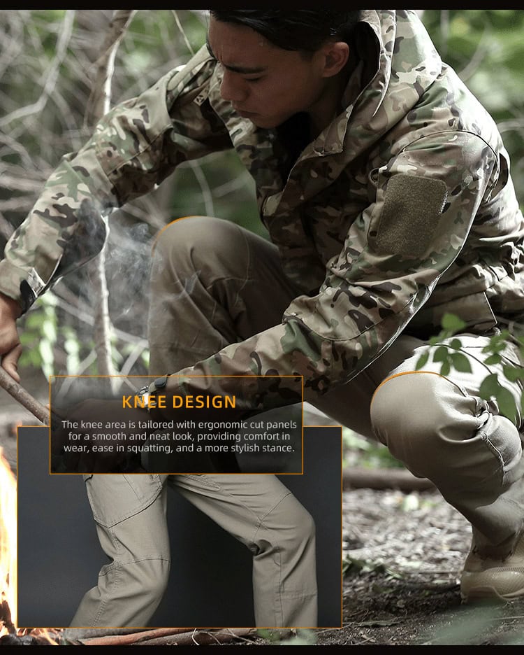 A detailed feature of the Onken IX9 lightweight tactical pants: the articulated knee design, engineered with darts for superior ergonomic mobility.