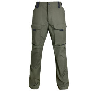 Front view of the Onken Beetle Durable Tactical Pants in olive green, made with heavy-duty rip-stop fabric for military and security bulk orders.
