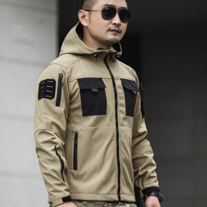 Man wearing the khaki Hooded Tactical Softshell Jacket, demonstrating its professional appearance and functional design for B2B uniform contracts.