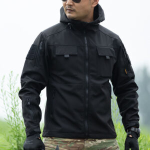 A professional wearing the black Hooded Tactical Softshell Jacket, an ideal all-weather duty jacket for SWAT and police wholesale orders.