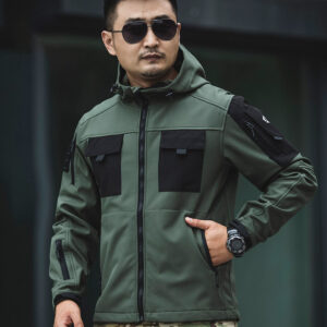The green Hooded Tactical Softshell Jacket from WHCSJ, a water-resistant and breathable jacket for government and law enforcement tenders.