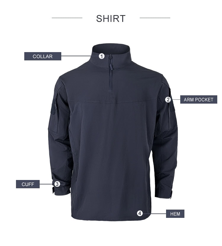 Diagram of a navy blue tactical combat shirt showing key features: protective collar, arm pocket with velcro, adjustable cuff, and reinforced hem for a military FROG suit.
