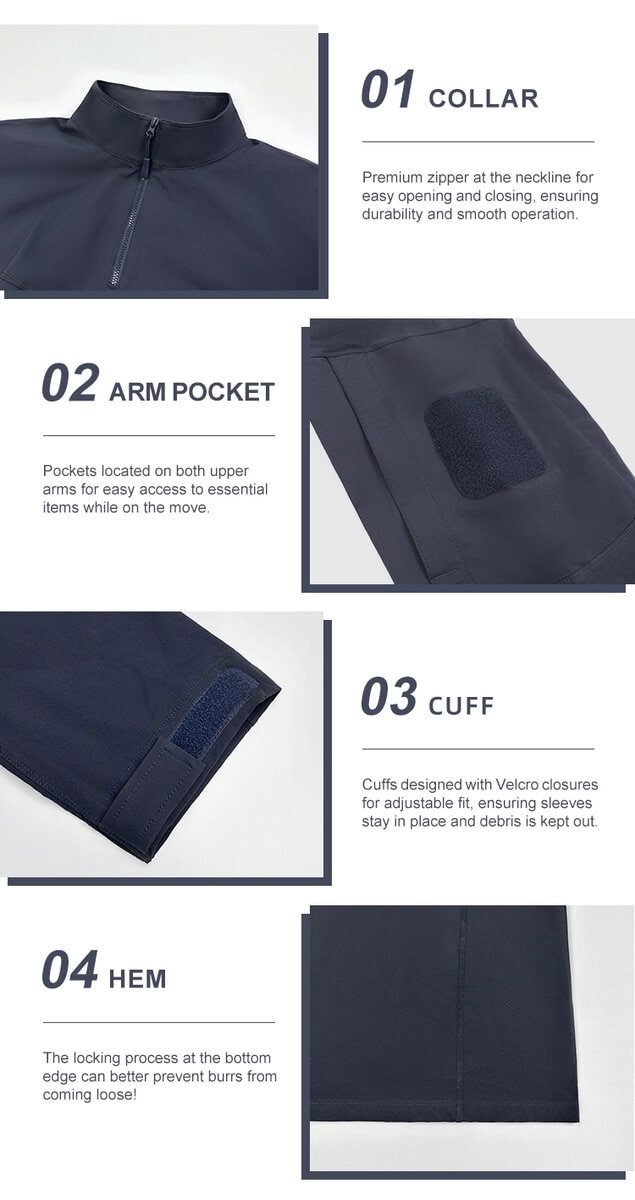 Close-up collage of a tactical combat shirt's details: 01 high-zip collar, 02 velcro arm pocket, 03 adjustable cuff, and 04 reinforced hem.