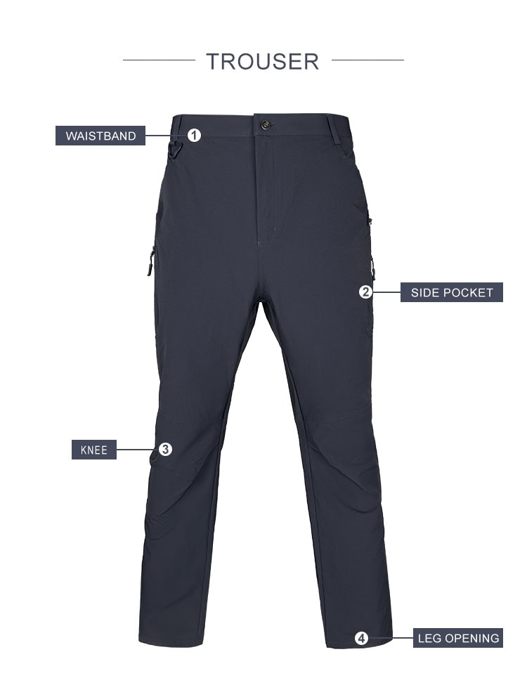 Diagram of navy blue tactical combat trousers with features highlighted: adjustable waistband, secure back pocket, reinforced knee for pads, and adjustable leg opening for a military FROG suit.