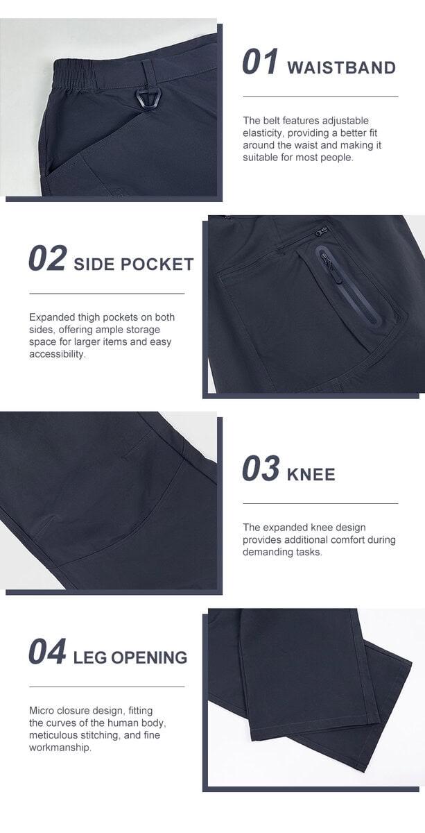 Close-up collage of tactical combat trousers' details: 01 adjustable waistband, 02 deep side pocket, 03 articulated knee for pads, and 04 adjustable leg opening.