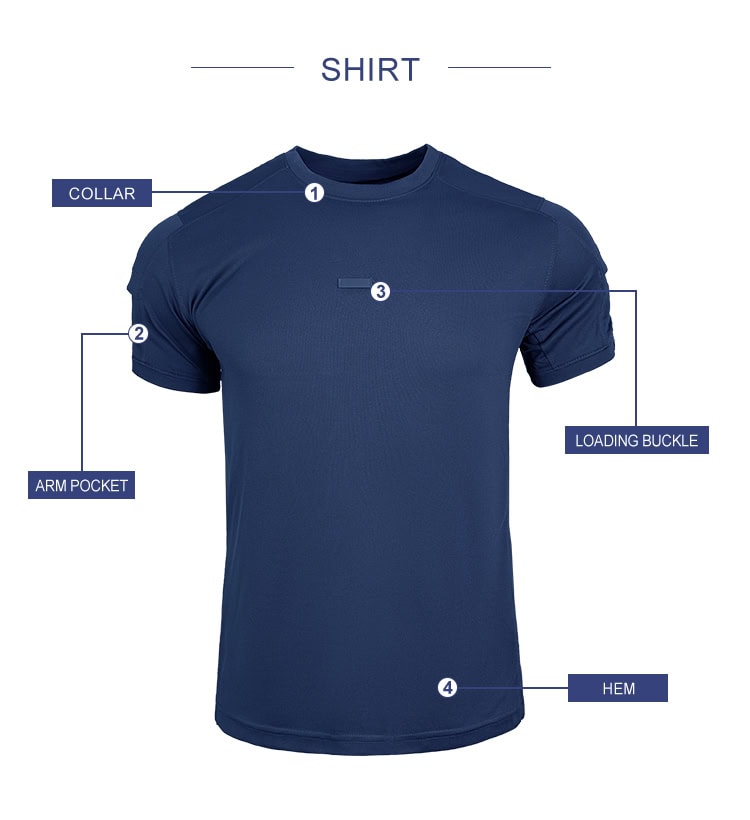 Feature diagram of the CMAX Moisture-Wicking Tactical T-Shirt, highlighting the athletic collar, arm pocket, mic loop buckle, and reinforced hem.