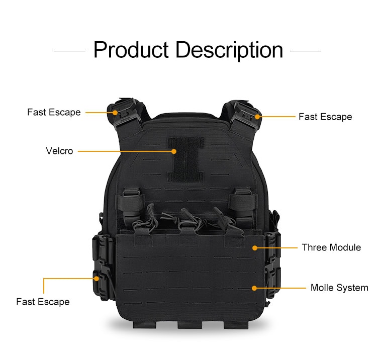 Product feature diagram of the Vanguard Quick Release Plate Carrier, highlighting the quick escape buckles, breathable cushion, and adjustable straps.