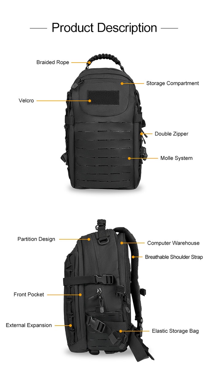 Product feature diagram of the Pathfinder Laser-Cut Tactical Backpack, detailing the storage compartments, MOLLE system, and ergonomic suspension straps.