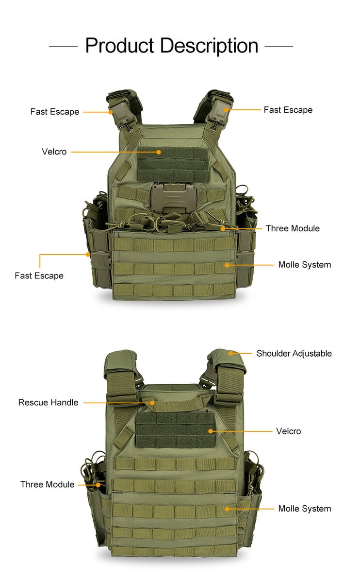 Product feature diagram of the 501 Quick Release Plate Carrier, highlighting the fast escape buckles, adjustable straps, and MOLLE system.
