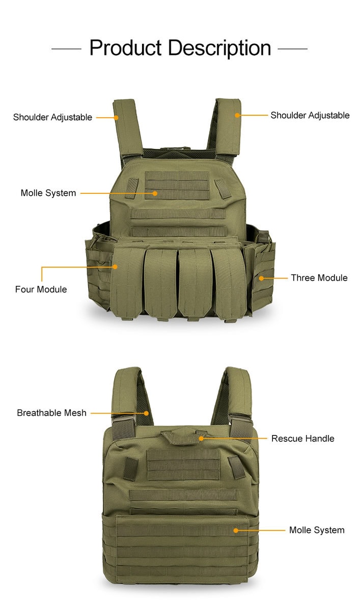 Product feature diagram of the JPC MOLLE Plate Carrier, highlighting the adjustable straps, breathable mesh, and integrated magazine pouches.