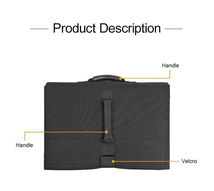 Product description diagram of the Ballistic Briefcase, highlighting the comfortable carry handle, handheld shield handle, and quick-release velcro.