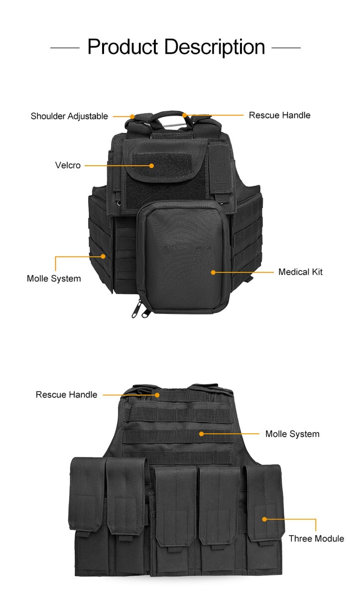Product feature diagram of the 6094 Modular Plate Carrier system, highlighting the adjustable straps, medical kit, and magazine pouches.