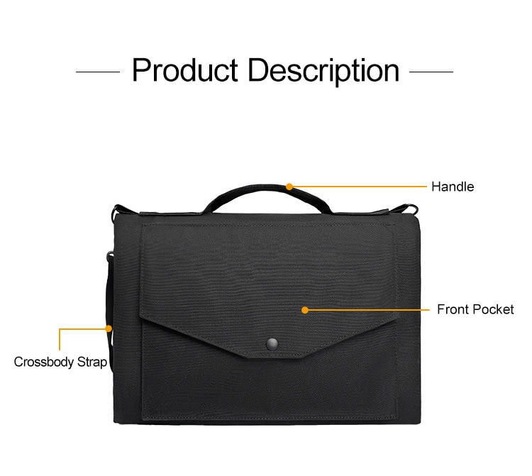 Product description diagram of the Covert Ballistic Briefcase, highlighting the carry handle, crossbody strap, and front pocket.