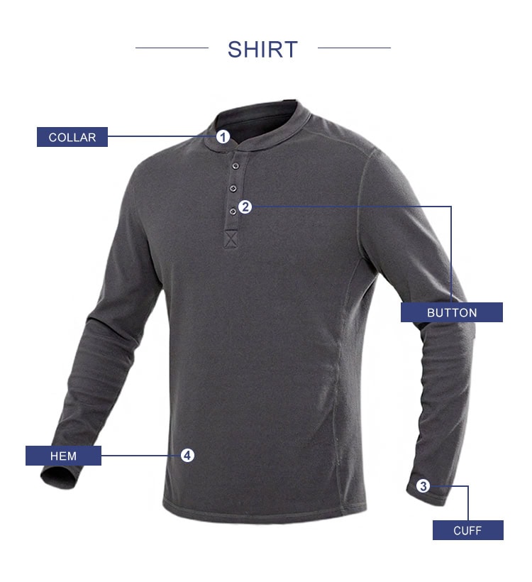 Feature diagram of the Warhorse Performance Tactical Henley, highlighting the Henley collar, button placket, reinforced cuffs, and durable hem.