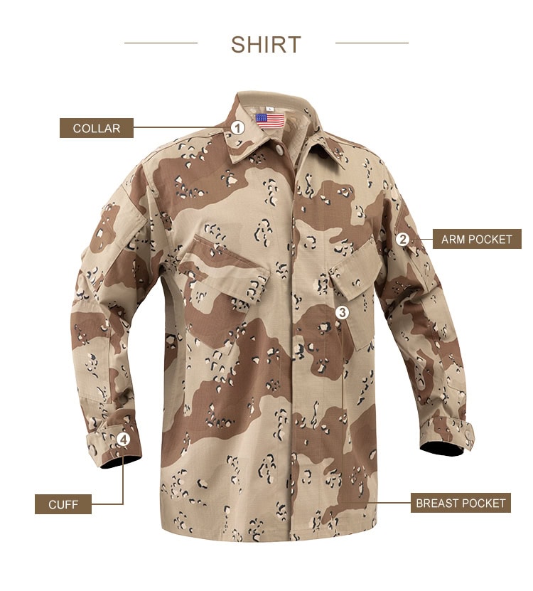 Product feature diagram of the Desert Camo BDU jacket, highlighting the collar, arm pockets, breast pockets, and adjustable cuffs.