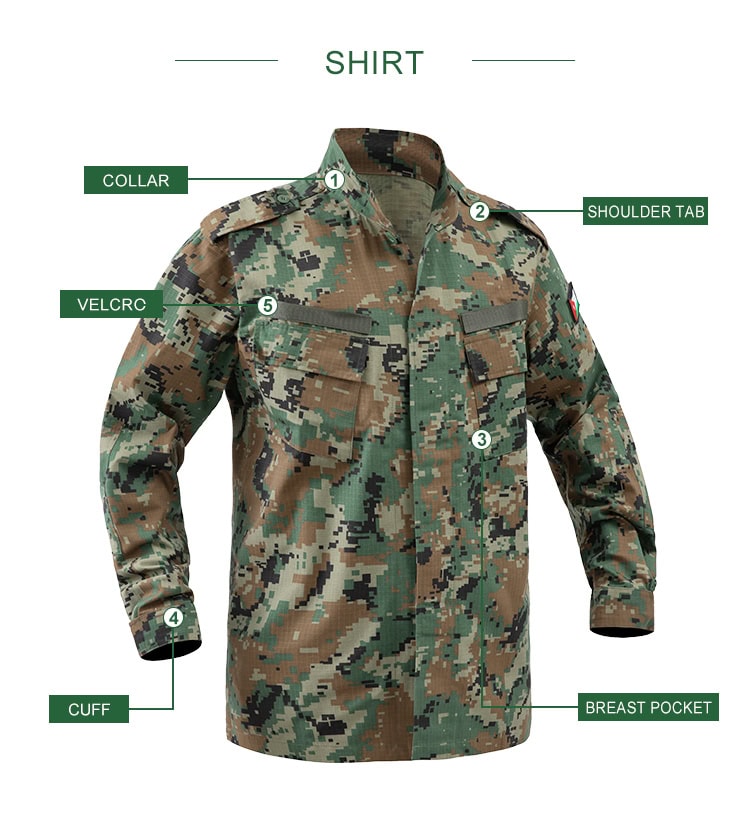 Product feature diagram of the ACU Combat Uniform jacket, highlighting the mandarin collar, shoulder tabs, breast pockets, and velcro cuffs.