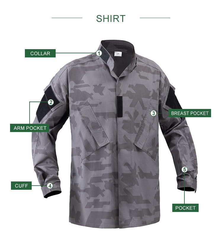 Product feature diagram of the Urban Camo ACU jacket, highlighting the mandarin collar, arm pockets, breast pockets, and adjustable cuffs.