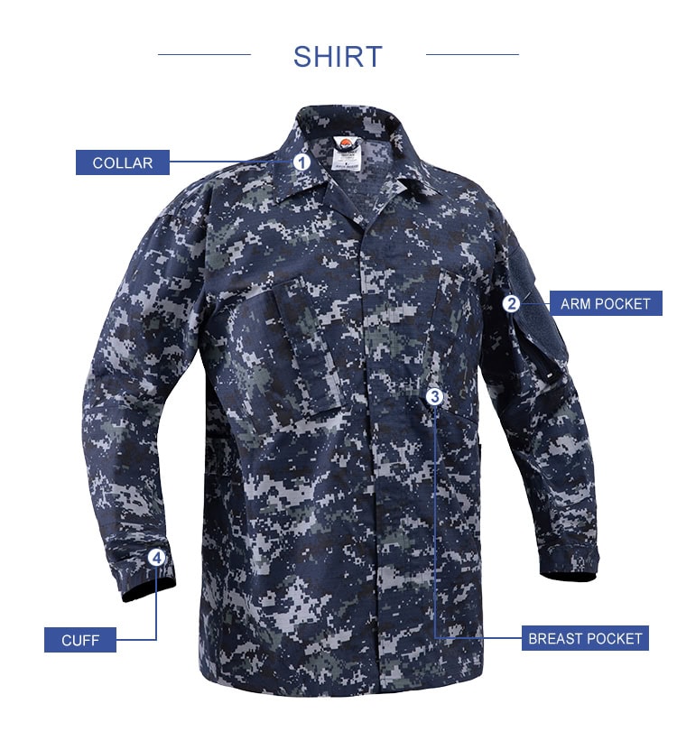Product feature diagram of the Naval Combat Uniform jacket, highlighting the collar, arm pockets, breast pockets, and adjustable cuffs.