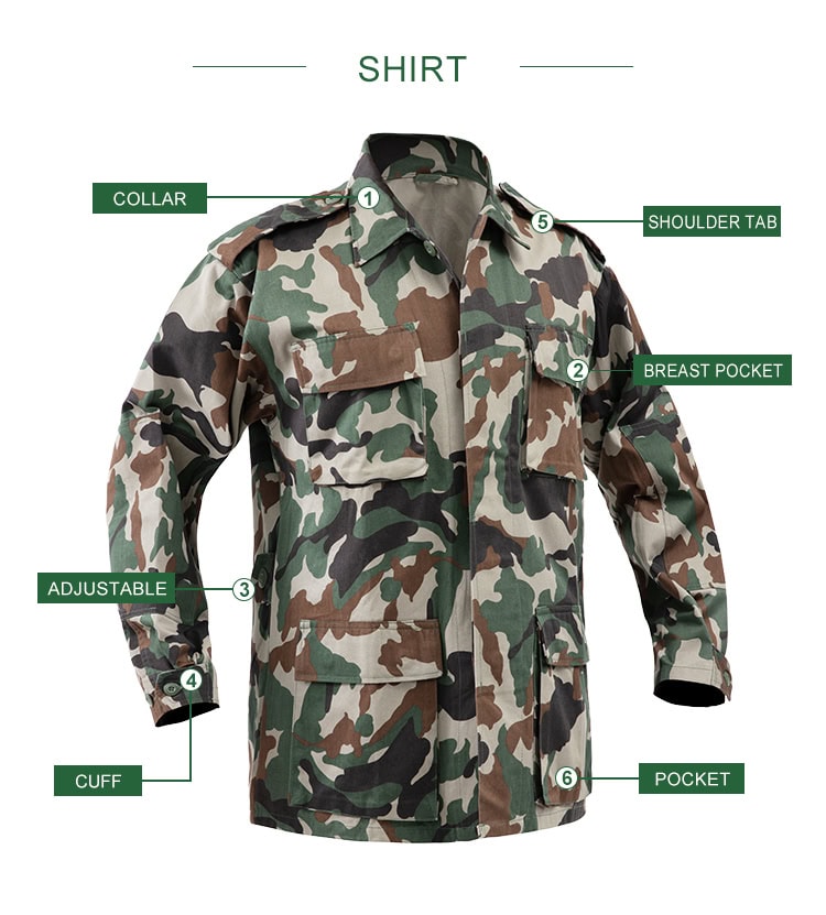 Product feature diagram of the Woodland Camo BDU jacket, highlighting the traditional collar, shoulder tabs, breast pockets, and adjustable cuffs.