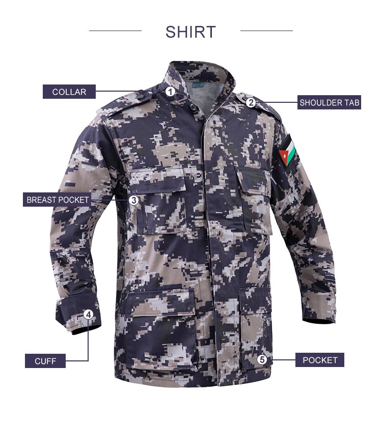 Product feature diagram of the Arid Digital Camo BDU jacket, highlighting the traditional collar, shoulder tabs, and multi-pocket layout.