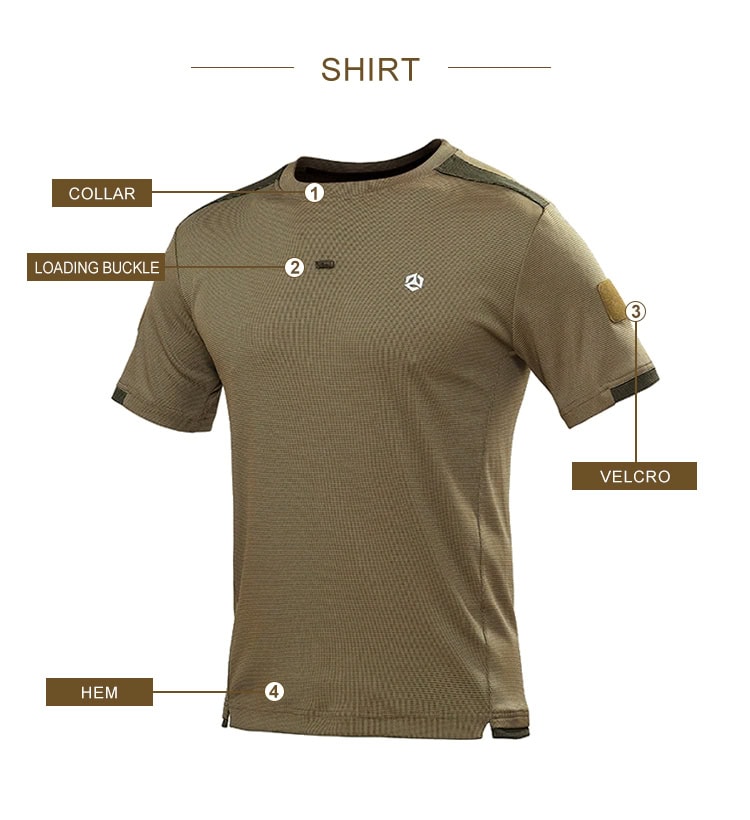 Feature diagram of the Advanced Moisture Wicking T-Shirt, highlighting the athletic collar, loading buckle, velcro sleeve pocket, and reinforced hem.