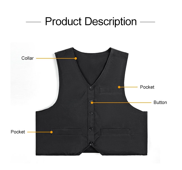 Product description diagram of the covert stab proof vest, highlighting the formal collar, button placket, and welt pockets of the business waistcoat design.