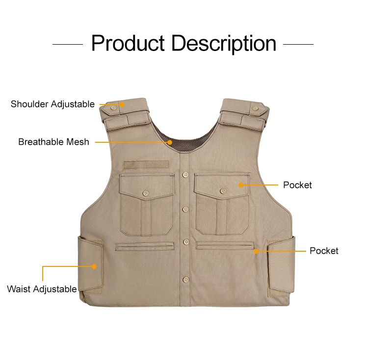Product description diagram of the "Press" overt body armor vest, highlighting the adjustable shoulders, breathable mesh, pockets, and waist adjustments.