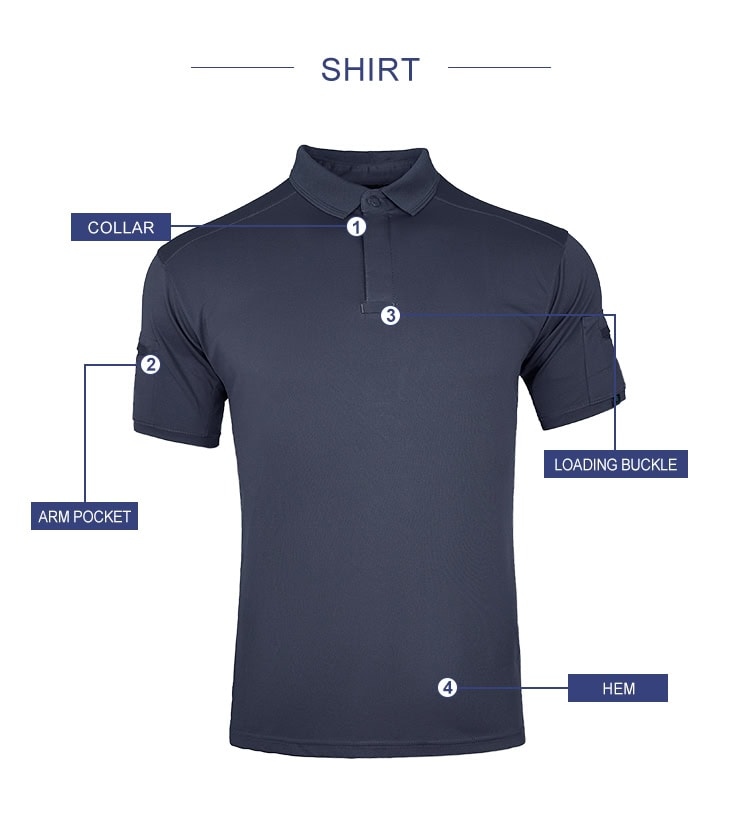 Feature diagram of the CMAX Moisture-Wicking Tactical Polo, highlighting the no-roll collar, arm pocket, mic loop buckle, and durable hem.