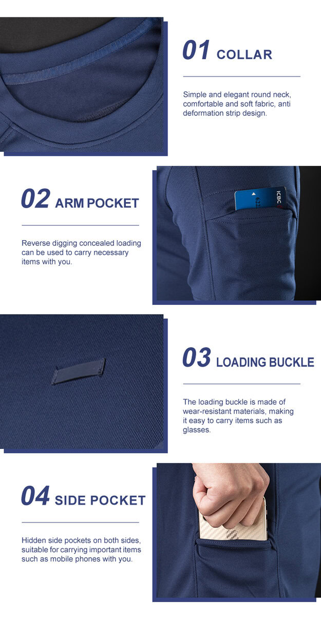 Collage of four key features of the CMAX tactical t-shirt: 01 athletic crew collar, 02 sleeve pocket, 03 mic/sunglasses loop, and 04 side pocket detail.
