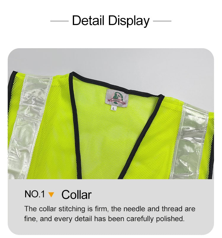 Detail of the ANSI Class 2 safety vest's collar, showing the durable black trim and firm stitching for professional use.